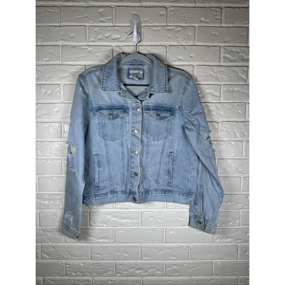 Forever 21 Distressed Denim Jacket Light Wash Grunge Y2K Streetwear Size‎ L